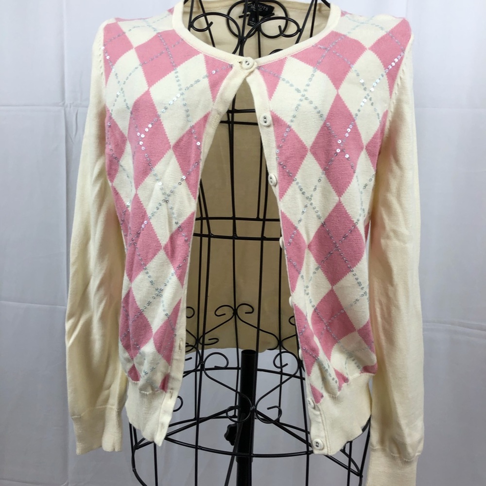 Talbots cardigan SP argyle pink/ivory sequin